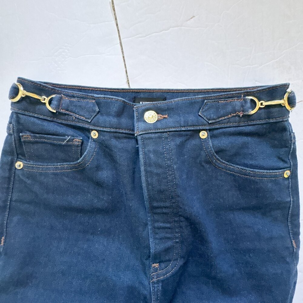 Express Super High Rise Mom Jeans Dark Wash Silver Detail 4R cropped - Picture 7 of 13